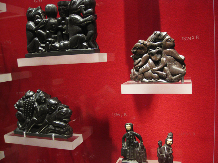 Carvings in argillite, a black stone, made by the Haida, a tribe living on the Queen Charlotte Islands.