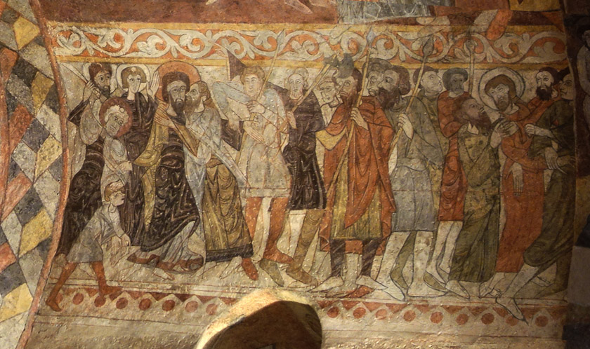 I've cropped and Photoshopped the previous photo to give a clearer picture. Judas is kissing Jesus to identify Him to the arresting soldiers. The Apostles have halos.