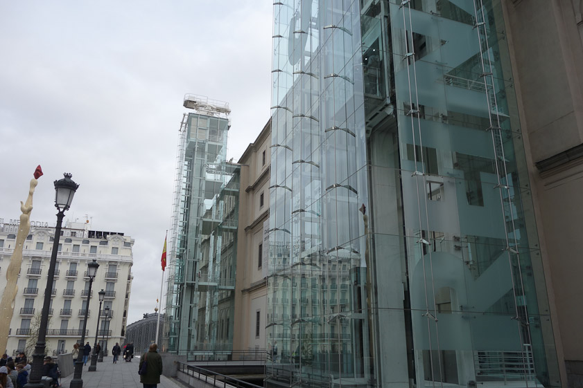 These glass elevators were stuck on the front of the Reina Sofia Art Museum in Madrid. It has a large collection of Picasso, Miró, Dalî and other modern Spanish artists.