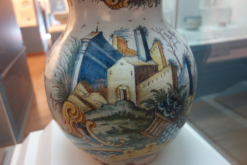 This ball jug of 1780 from Talavera has interestingly distorted perspective.