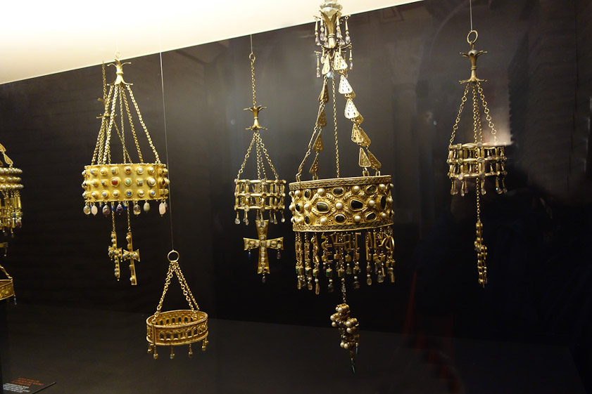 These are reproductions of votive crowns left in churches by Visigothic nobles. We later saw the originals in the archeological museum in Madrid.