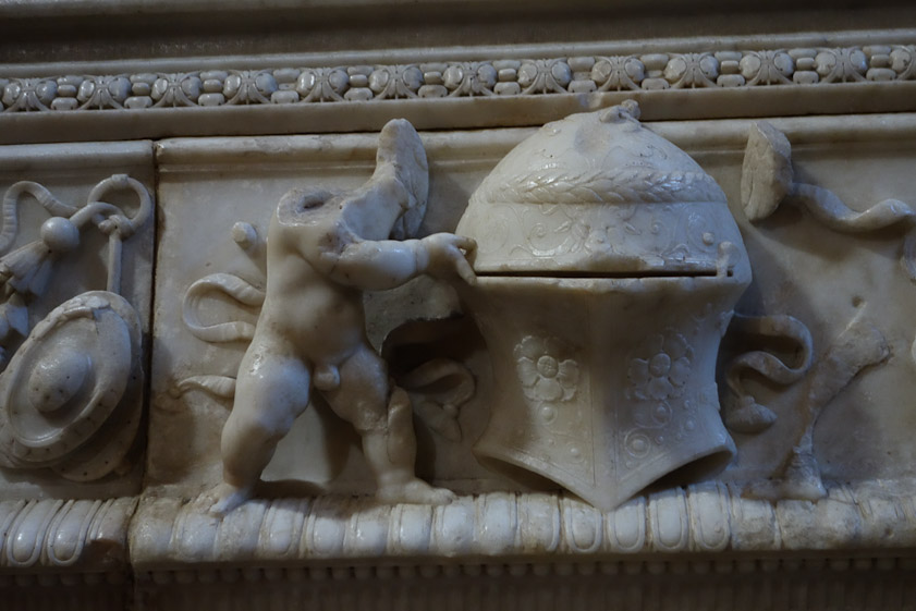 The tomb has been defaced, possibly by the French in the Napoleonic Wars.