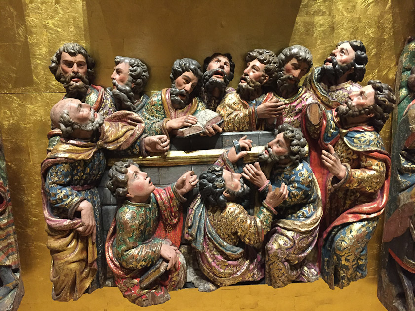 Painted wooden relief,  possibly part of a Crucifixion tableau, from the church of Santa Columba, since destroyed. From mid-16c. Segovia suffered heavy damage during the Revolt of the Comuneros (Guerra de las Comunidades de Castilla, 
