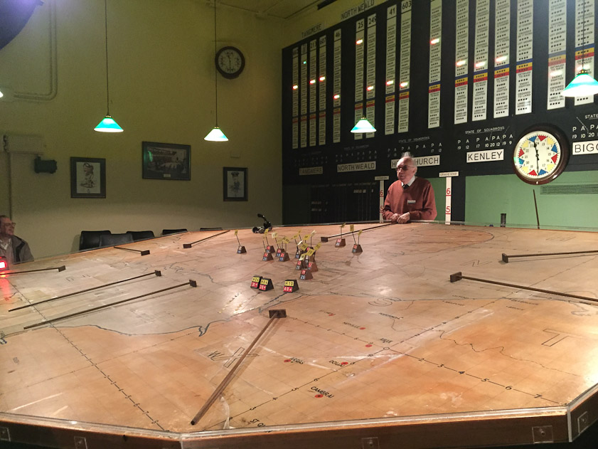 Sixty feet underground (76 steps) is No. 11 Group Plotting Room, where the fighters of 26 RAF squadrons were directed to intercept German bombers and fighters. Women used these sticks to move markers for opposing forces around the map on the slanted table.