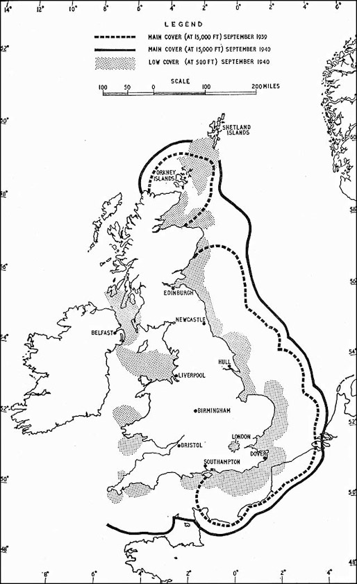 Radar could detect German bombers over 15,000 feet while they were still over France. Detection at lower altitudes came later.