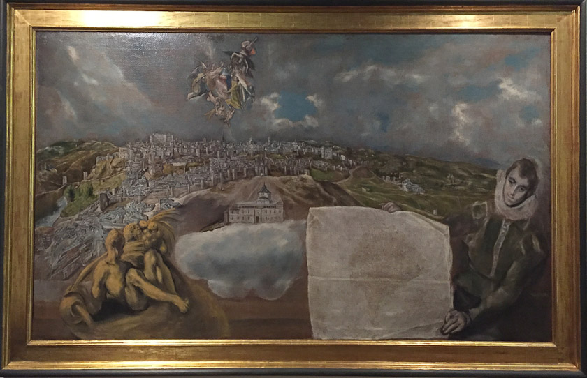 View and Plan of Toledo, c. 1610-14. The figure on the left is a Roman river god, pouring water into the River Tagus, which flows around Toledo. The angel in the sky is the Virgin placing a chasuble on St. Ildefonso, a Visigothic bishop of Toledo.
