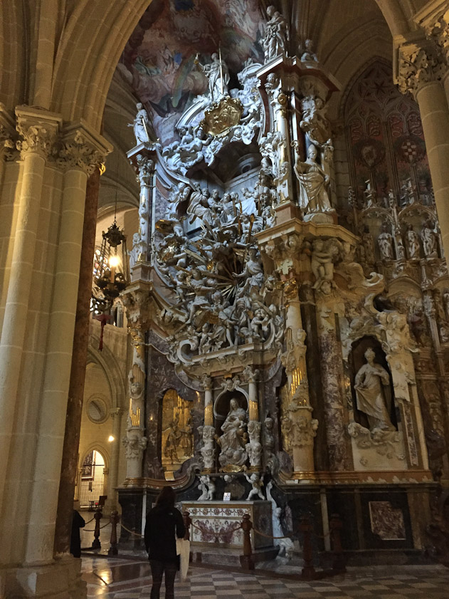 There's so much decoration in the cathedral that at the time I didn't really wonder at the extravagance of this , in the ambulator behind the high altar. This altarpiece  was made 1721-32 in the Baroque style, and is called El Transparente, because of skylights cut in its back.