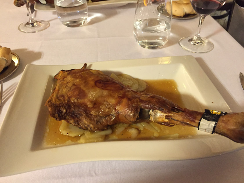 There were two specialities that many restaurants offered: suckling pig and roast lamb. This the leg of lamb I had at  Meson Gonzalo. Not the bracelet attesting to its quality and provenance.