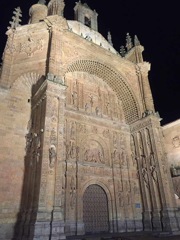 West front of the church of Convento San Esteban, in Salamanca at night