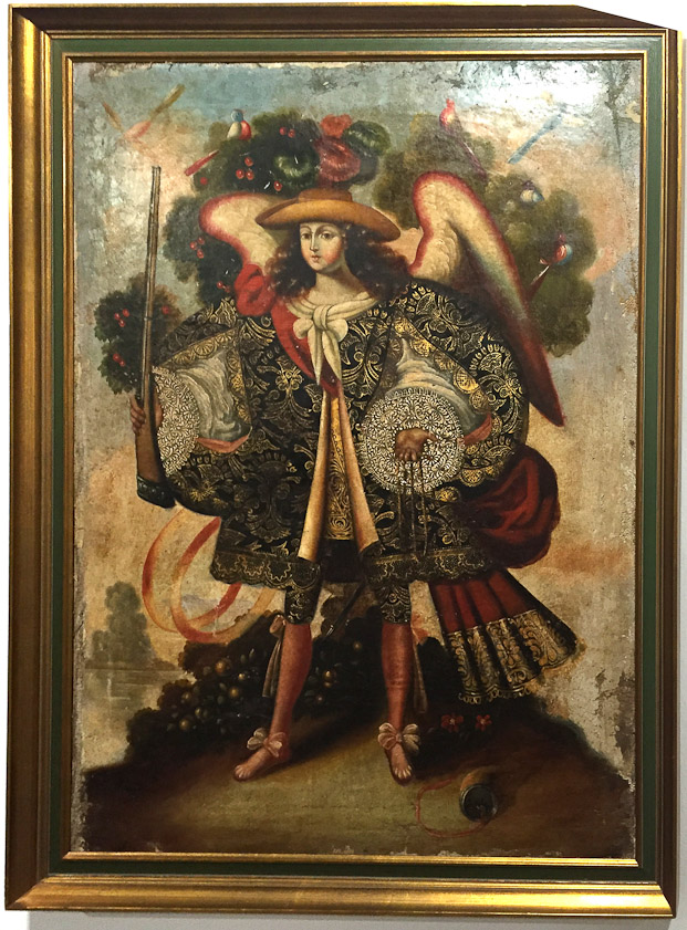Angeles Arcabuceros, a painting in the Museo Salamanca. An angel updated to the 18c: instead of a sword he's armed with an harquebus.