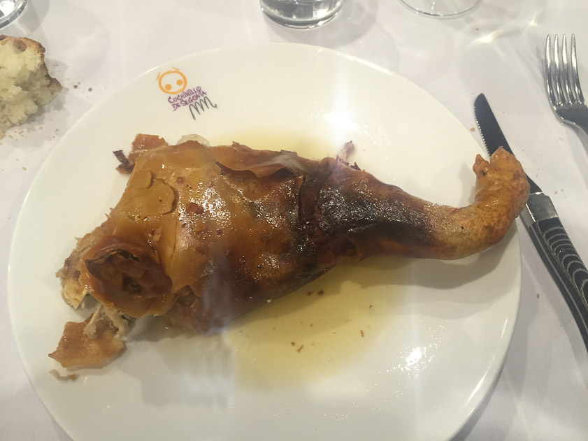 One portion of suckling pig. After eating this, back at the hotel room I was so overheated that I put on my nightshirt and stood outside in the cold to cool off.