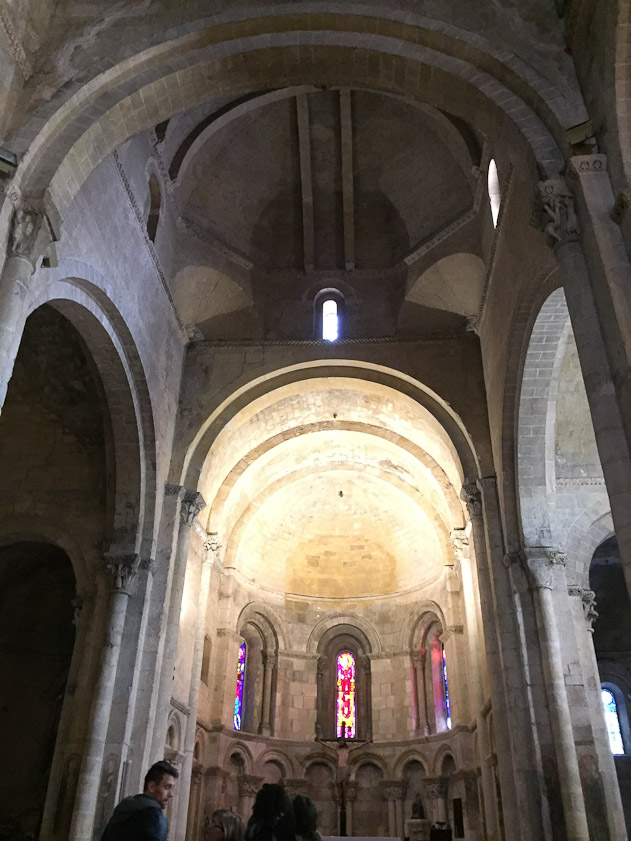 Mariana only took this one interior photo before she was told to stop. You can see that San Millan is fairly tall and big for a Romanesque church, but not very ornamented. The capitals are so high as to be invisible. The apse looks much like smaller churches we did photograph.