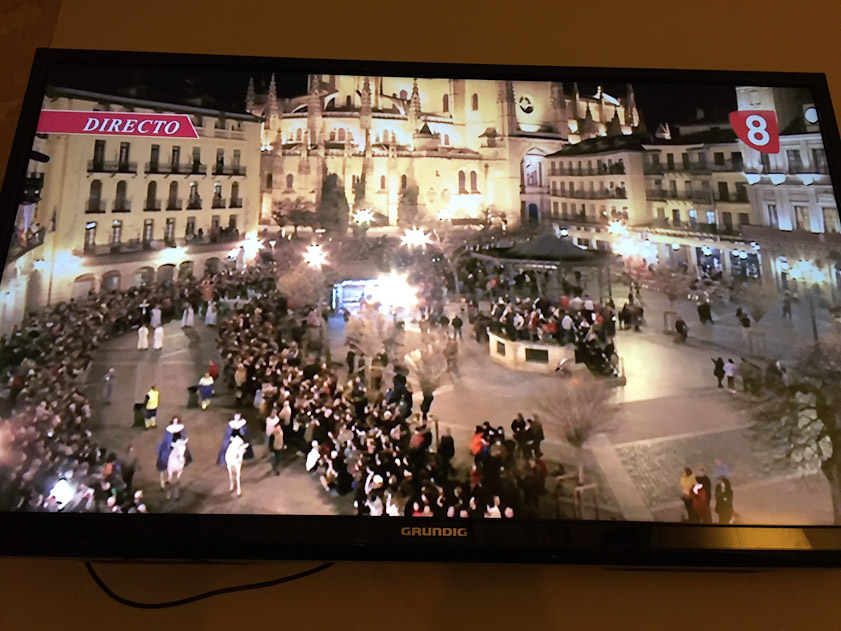We'd had enough of crowds, so after tea we returned to our room to watch the processions on TV. This one featured two women on horseback. Segovia Cathedral is in the background, the destination of several processions on Good Friday.