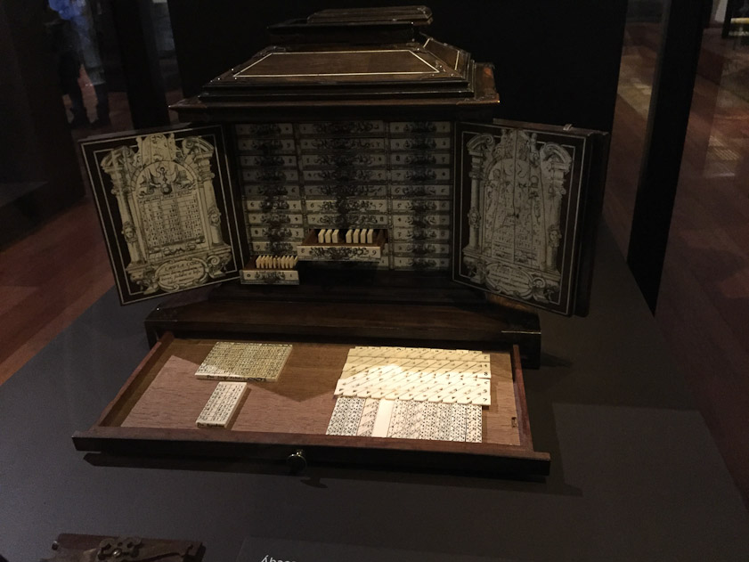 Even slide rules weren't this beautiful. This ivory and verawood chest from >1617 holds devices that could perform multiple-digit multiplication. They were invented by John Napier, who also invented logarithms, another mathematical device from my youth.