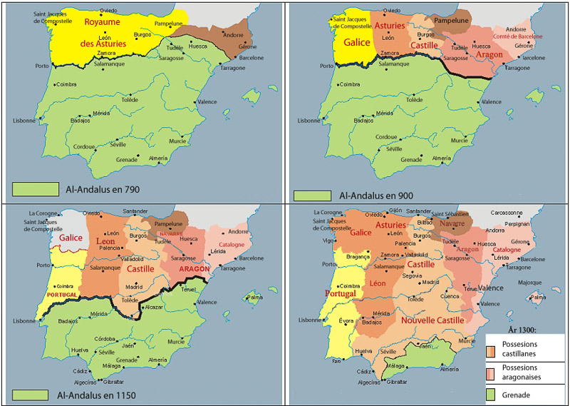 These maps show the changes on the Christian side during the long Requonquista. States broke up and reformed, but the Muslim area continuosly shrank.