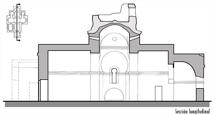 This elevation view from the south shows the dome over the crossing and horseshoe arch in the north transept.