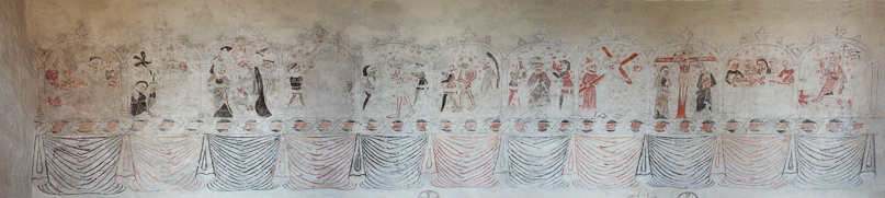 A mosaic of the 15c paintings on the north wall of the nave in Ala church. Eleven scenes of the Passion.