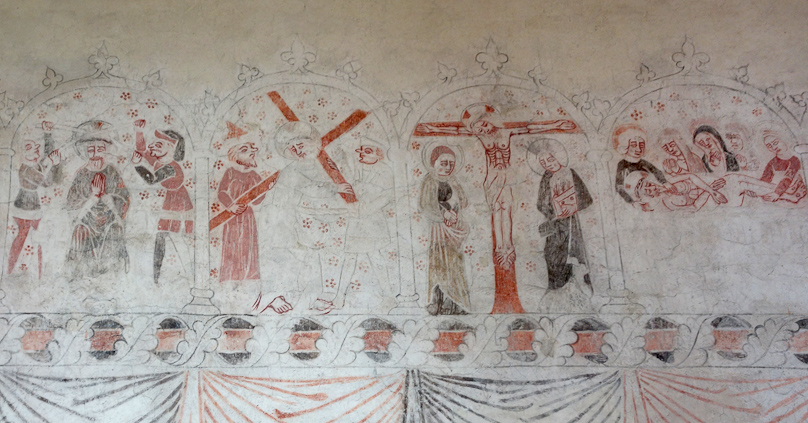 Four scenes: the flagellation, carrying the cross to Golgotha, the Crucifixion with the two Marys, and the deposition.