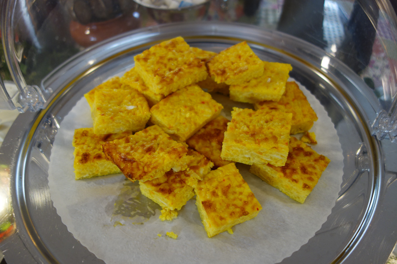 Our hotel set out tea and cake every afternoon. This is saffron cake with rice and almonds.