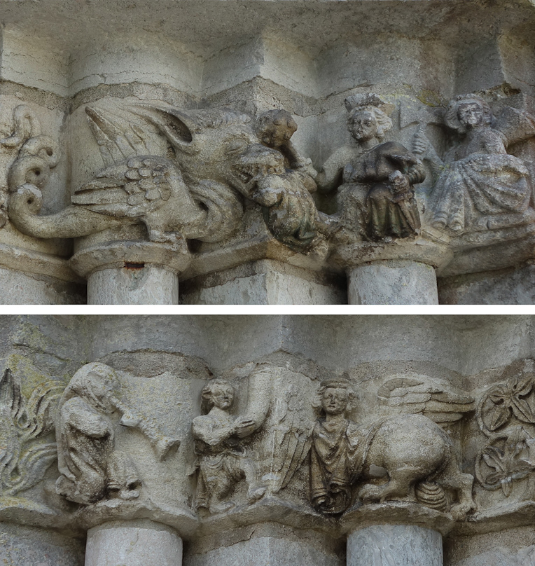 Interesting capitals from the south doorway at Dahlem Church. At the top a dragon is biting somebody's head, but is being smited by someone else with a huge mace, with a third person in backup wielding an axe. On the bottom, a musician on the left, a man with a drinking horn in the center, and a hybrid man-animal with wings on the right.