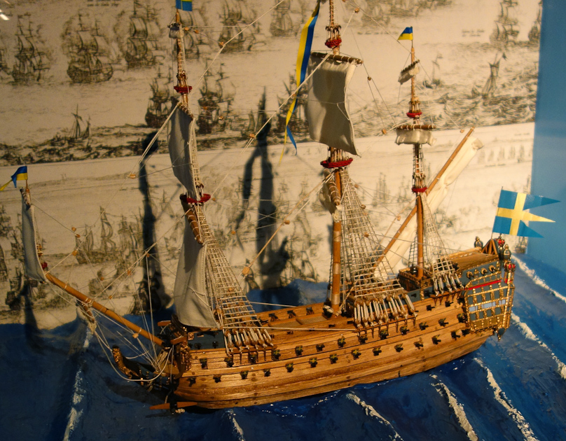 A model of the Kronan, with guns on three decks. In 1676 during the Battle of Oland, the ship made a sudden turn without closing the lowest gunports, allowing water to flood the ship as it heeled over. At the same time a fire started that ignited the magazine, causing the ship to explode.