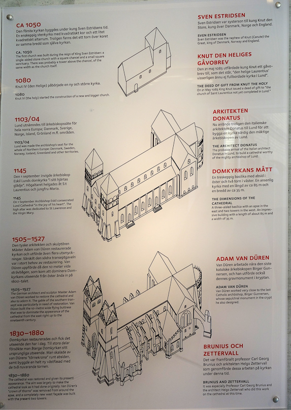 The latest version, built in te 19c by Brunus and Zettervall is not shown here. The lowest drawing shows the version of 1505-27, with butresses on the nave and at the base of the south tower.