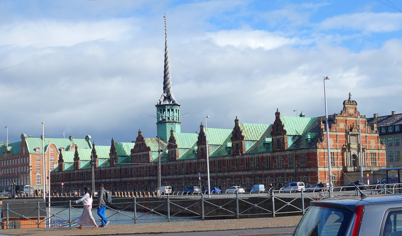 The Copenhagen Stock Exchange, with a spire made of spiraling dragons' tails.