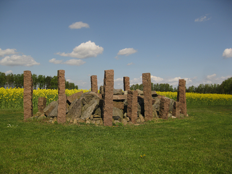 This pile of rocks on the farm may be a memorial. It looks modern.