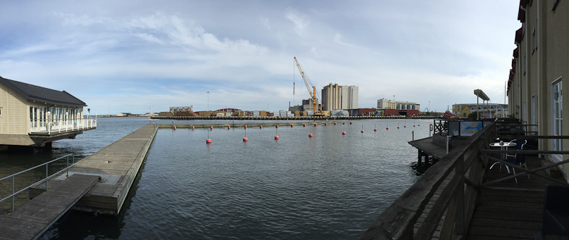 The view of the Kalmar waterfront was constantly changing, with ships coming and going and cargo being moved aroud.