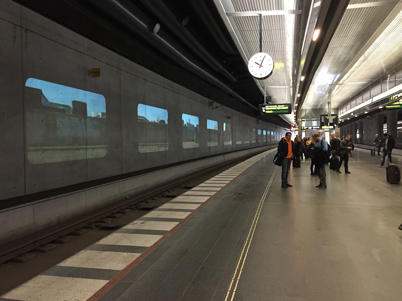 The platform of the train station in Malmö features projected videos simulating the view from a moving train. We caught the train here that crosses the Oresund bridge from Sweden to Denmark, ending in Copenhagen.